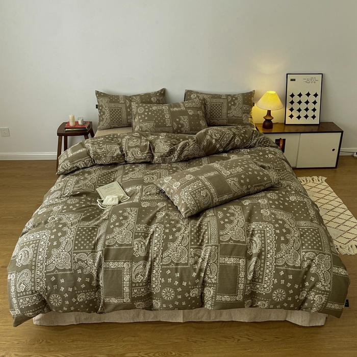 91家纺网 家纺一手货源 找家纺 仟网汇 2025新款高克重亚麻复古简单款四件套 乌木花园绿