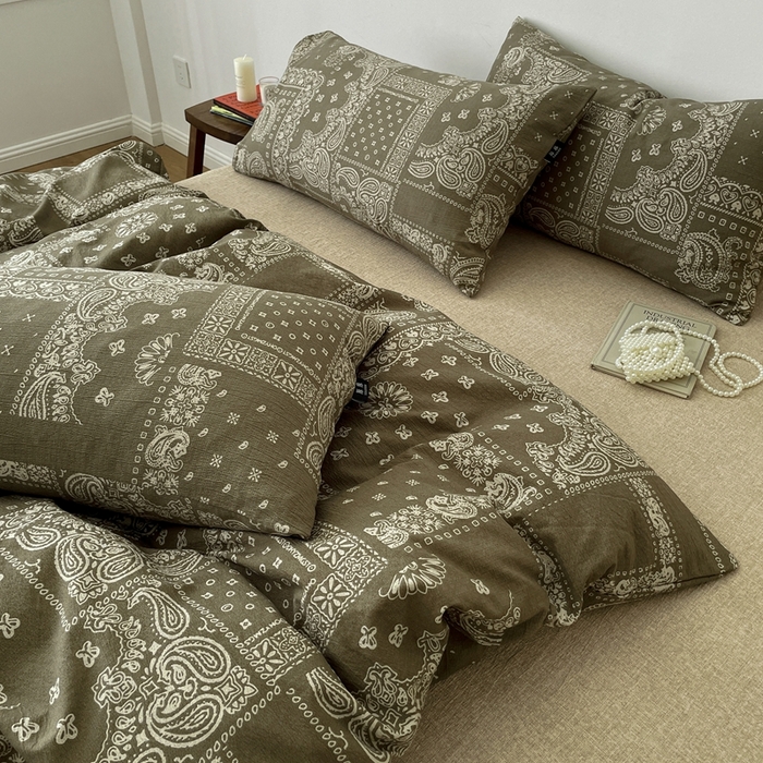 91家纺网 家纺一手货源 找家纺 仟网汇 2025新款高克重亚麻复古简单款四件套 乌木花园绿