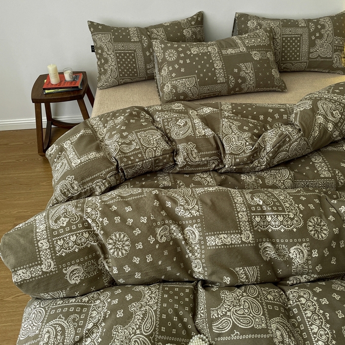 91家纺网 家纺一手货源 找家纺 仟网汇 2025新款高克重亚麻复古简单款四件套 乌木花园绿