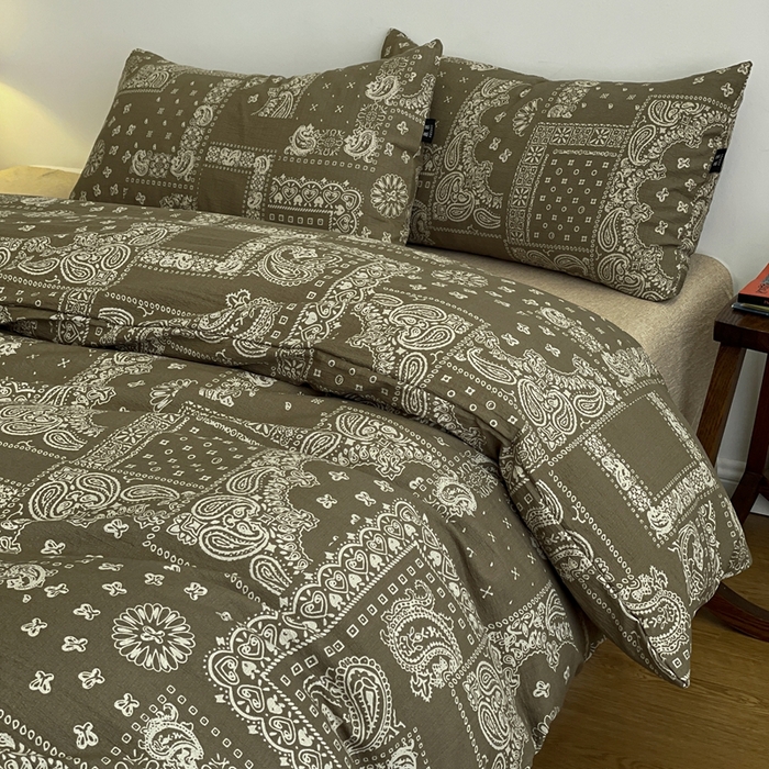 91家纺网 家纺一手货源 找家纺 仟网汇 2025新款高克重亚麻复古简单款四件套 乌木花园绿