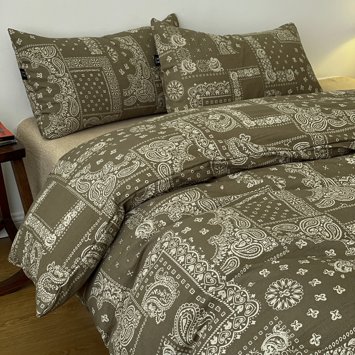 91家纺网 家纺一手货源 找家纺 仟网汇 2025新款高克重亚麻复古简单款四件套 乌木花园绿