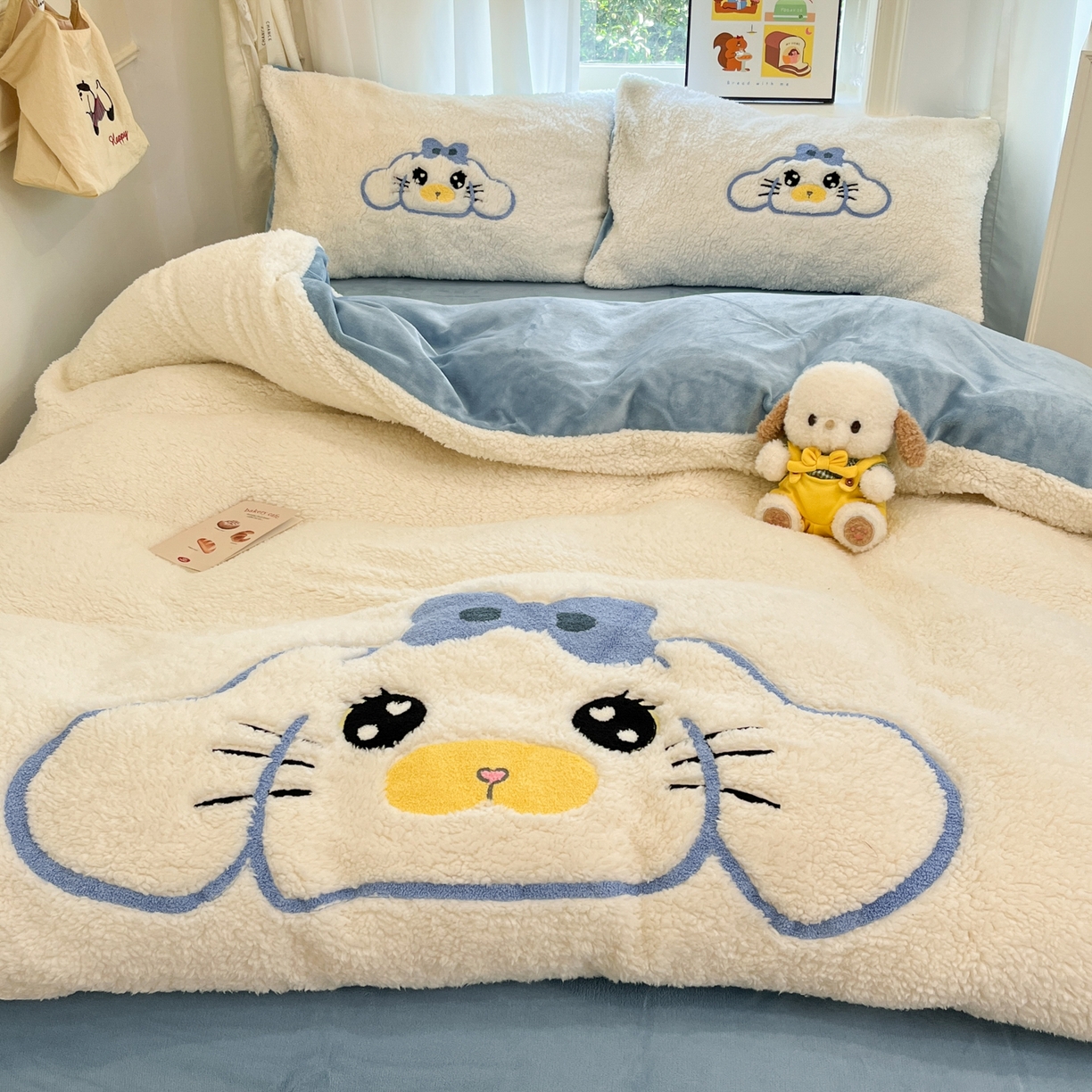 乐坊 2025新款大阪羊羔绒牛奶绒卡通四件套冬季加厚保暖 大耳鼠狗-白蓝