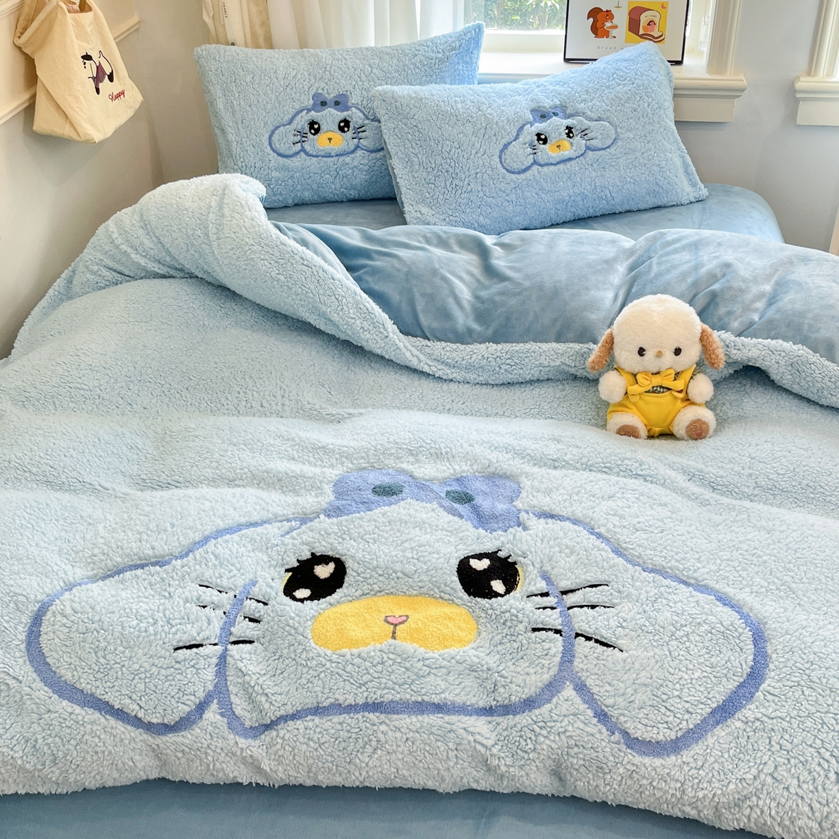 乐坊 2025新款大阪羊羔绒牛奶绒卡通四件套冬季加厚保暖 大耳鼠狗-蓝