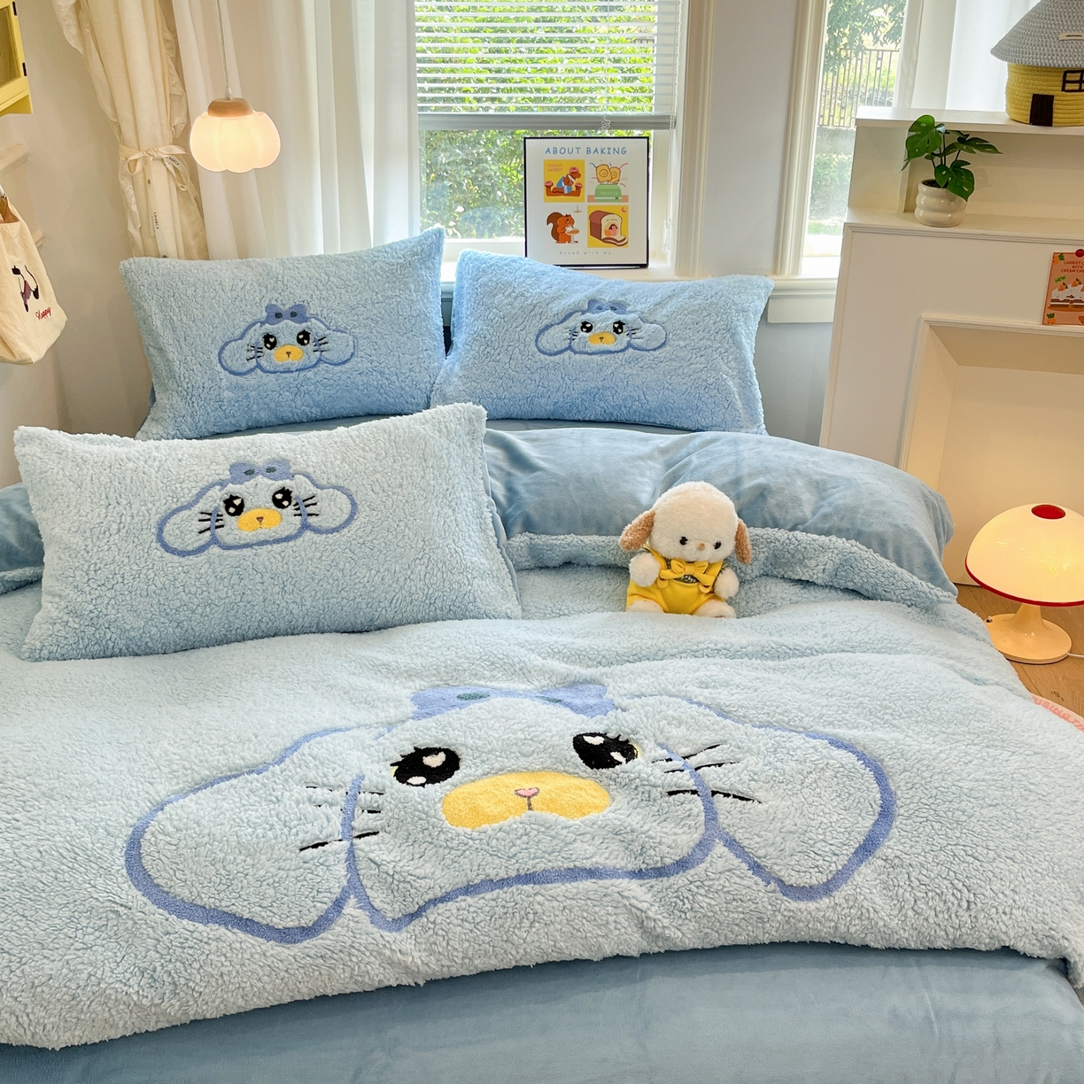 91家纺网 家纺一手货源 找家纺 乐坊 2025新款大阪羊羔绒牛奶绒卡通四件套冬季加厚保暖 大耳鼠狗-蓝