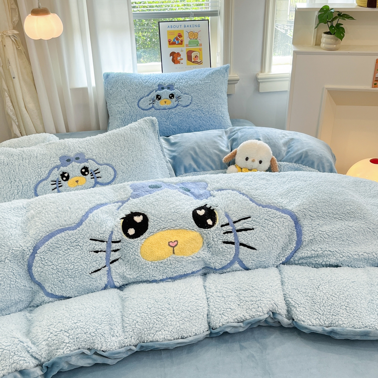 91家纺网 家纺一手货源 找家纺 乐坊 2025新款大阪羊羔绒牛奶绒卡通四件套冬季加厚保暖 大耳鼠狗-蓝