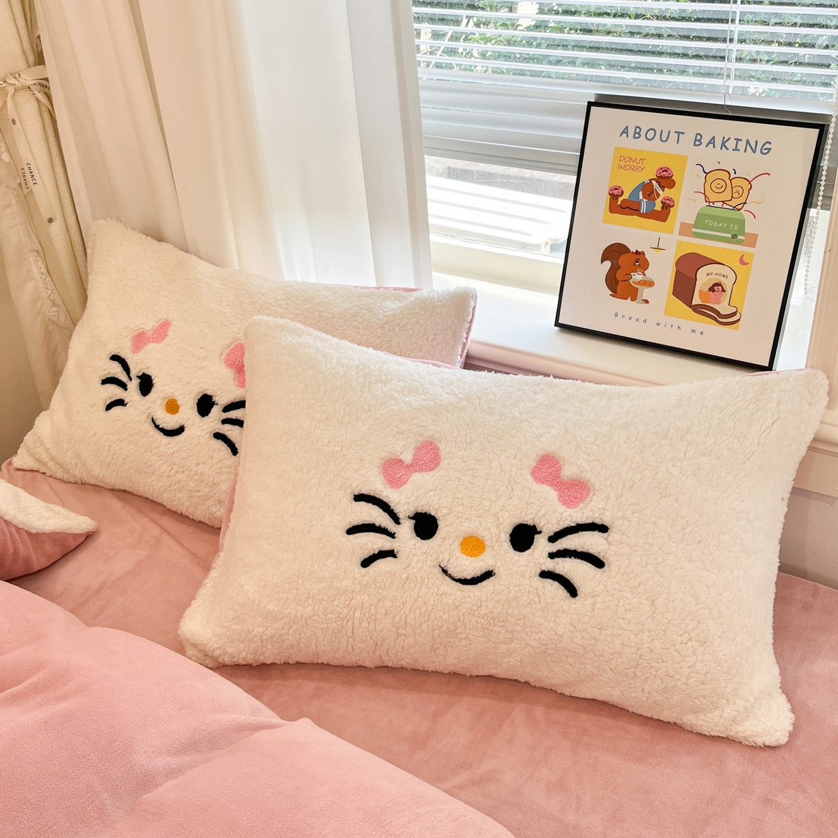 91家纺网 家纺一手货源 找家纺 乐坊 2025新款大阪羊羔绒牛奶绒卡通四件套冬季加厚保暖 可爱猫咪-白粉