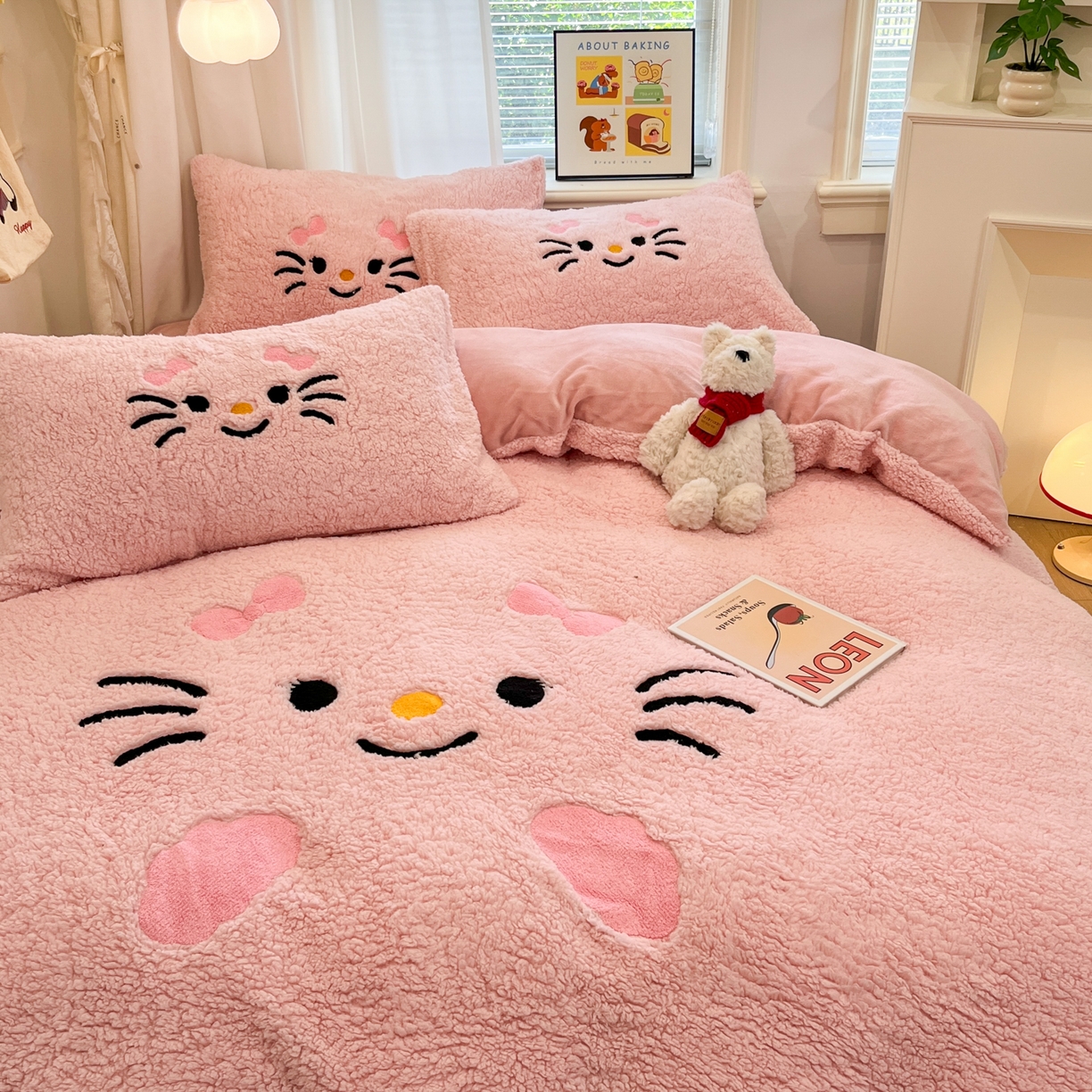 91家纺网 家纺一手货源 找家纺 乐坊 2025新款大阪羊羔绒牛奶绒卡通四件套冬季加厚保暖 可爱猫咪-粉