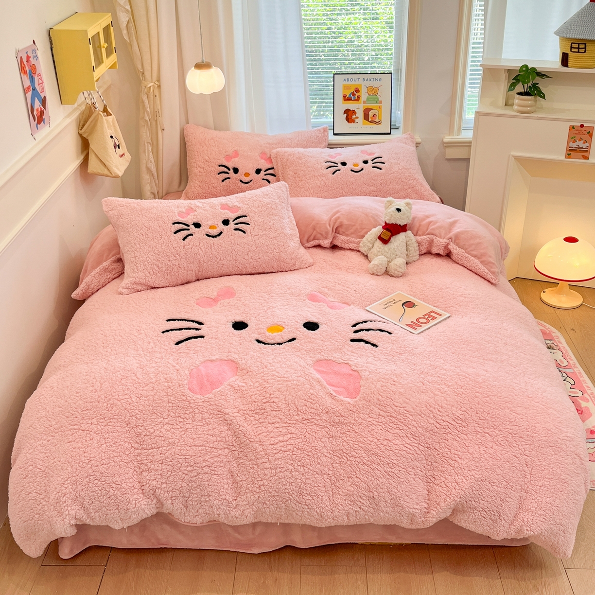 91家纺网 家纺一手货源 找家纺 乐坊 2025新款大阪羊羔绒牛奶绒卡通四件套冬季加厚保暖 可爱猫咪-粉