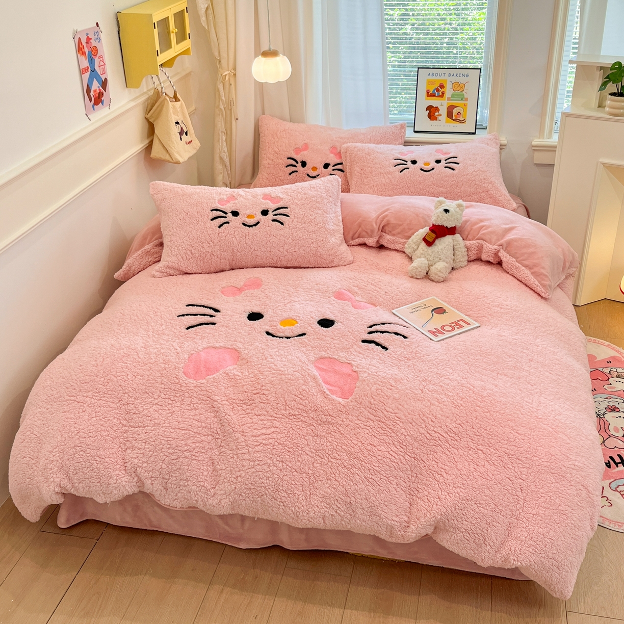 91家纺网 家纺一手货源 找家纺 乐坊 2025新款大阪羊羔绒牛奶绒卡通四件套冬季加厚保暖 可爱猫咪-粉