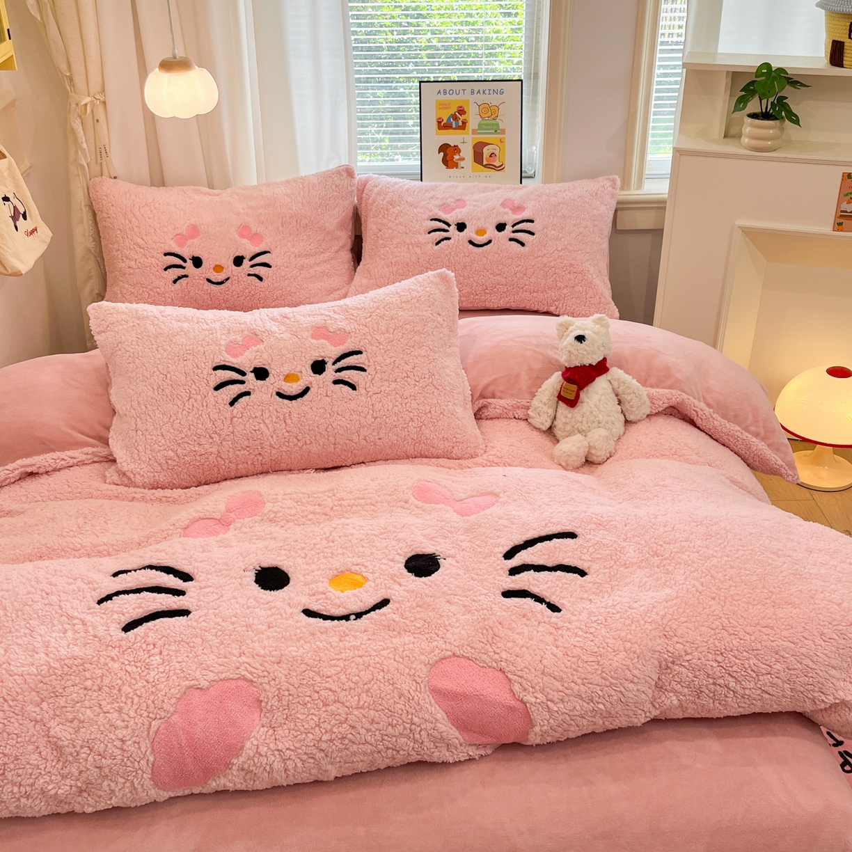 91家纺网 家纺一手货源 找家纺 乐坊 2025新款大阪羊羔绒牛奶绒卡通四件套冬季加厚保暖 可爱猫咪-粉