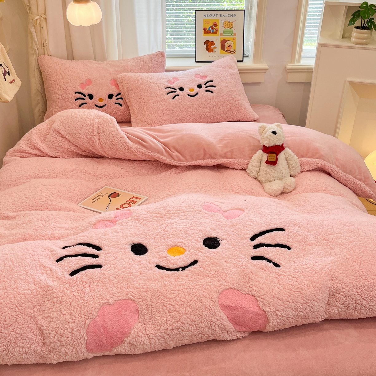 91家纺网 家纺一手货源 找家纺 乐坊 2025新款大阪羊羔绒牛奶绒卡通四件套冬季加厚保暖 可爱猫咪-粉