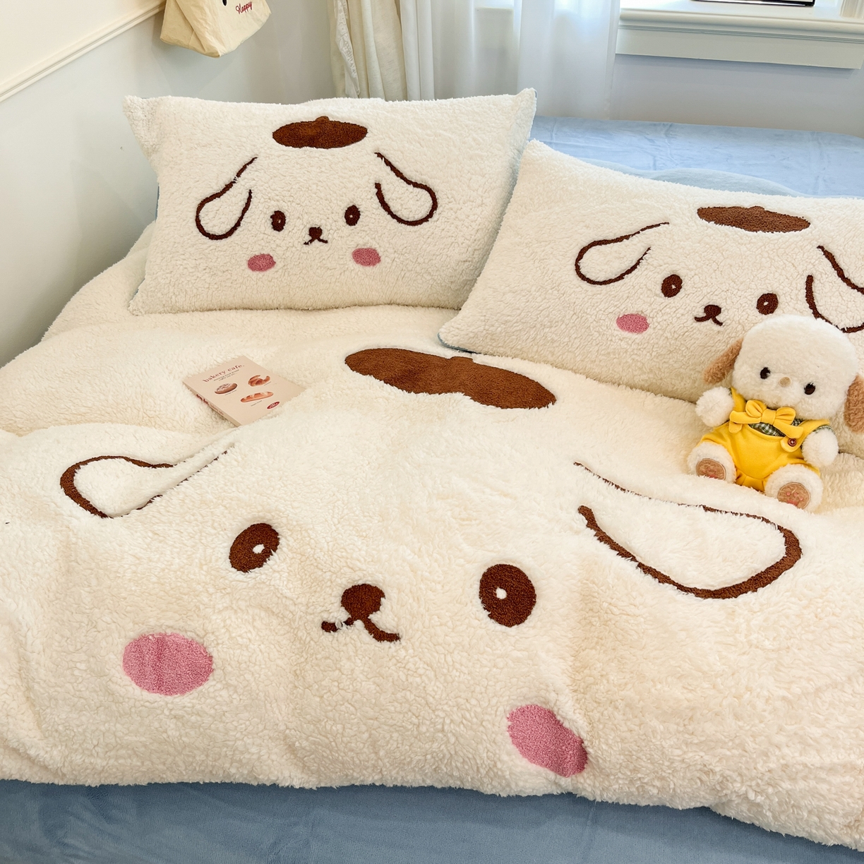 乐坊 2025新款大阪羊羔绒牛奶绒卡通四件套冬季加厚保暖 晚安狗-白蓝