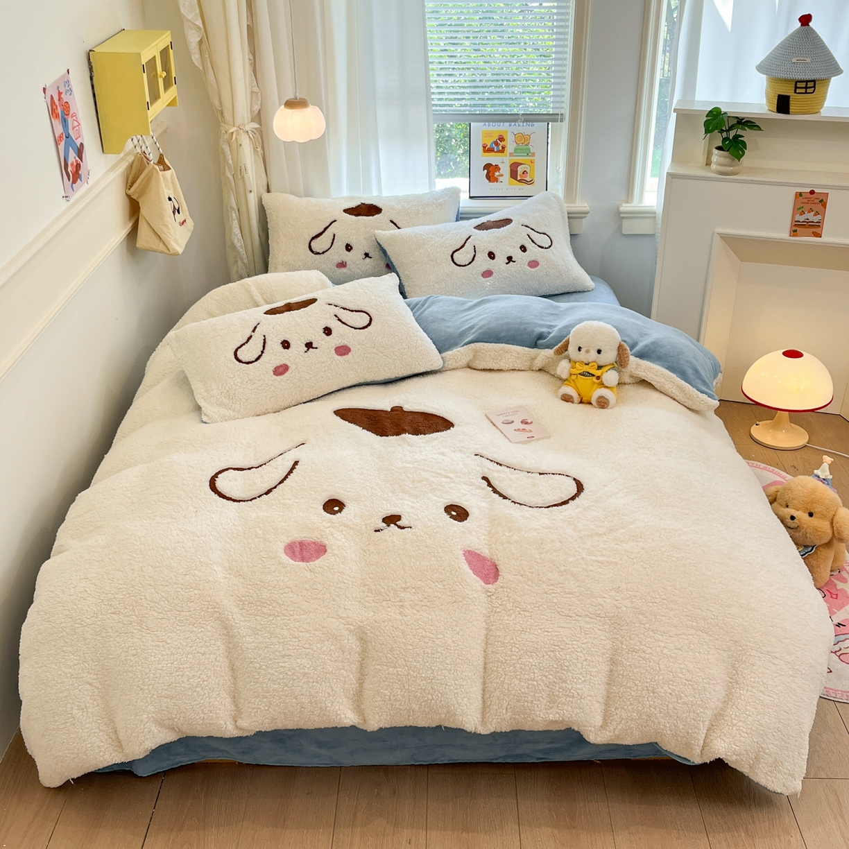 91家纺网 家纺一手货源 找家纺 乐坊 2025新款大阪羊羔绒牛奶绒卡通四件套冬季加厚保暖 晚安狗-白蓝