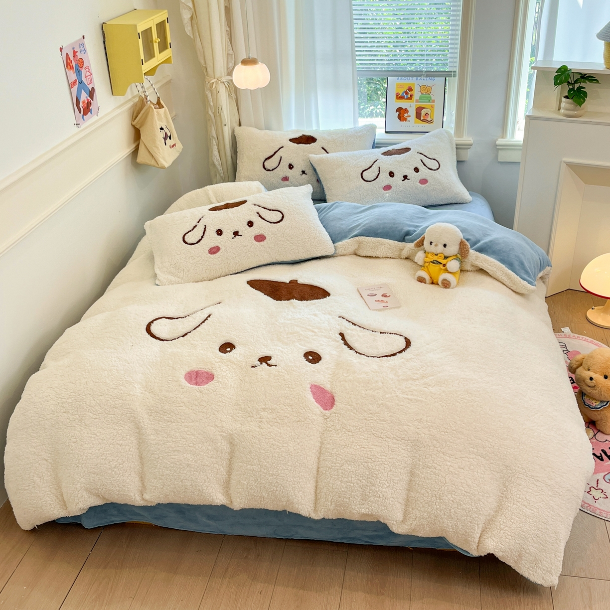 91家纺网 家纺一手货源 找家纺 乐坊 2025新款大阪羊羔绒牛奶绒卡通四件套冬季加厚保暖 晚安狗-白蓝