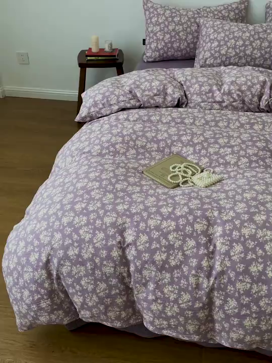 91家纺网 家纺一手货源 找家纺 仟网汇 2025新款高克重亚麻复古简单款四件套 紫嫣