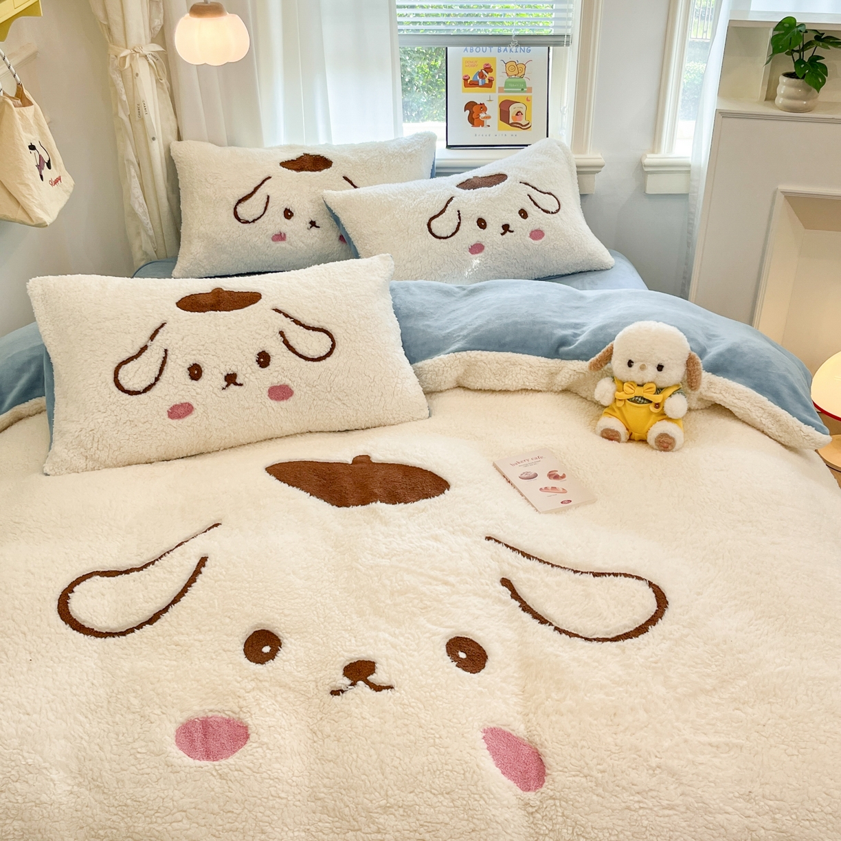 91家纺网 家纺一手货源 找家纺 乐坊 2025新款大阪羊羔绒牛奶绒卡通四件套冬季加厚保暖 晚安狗-白蓝