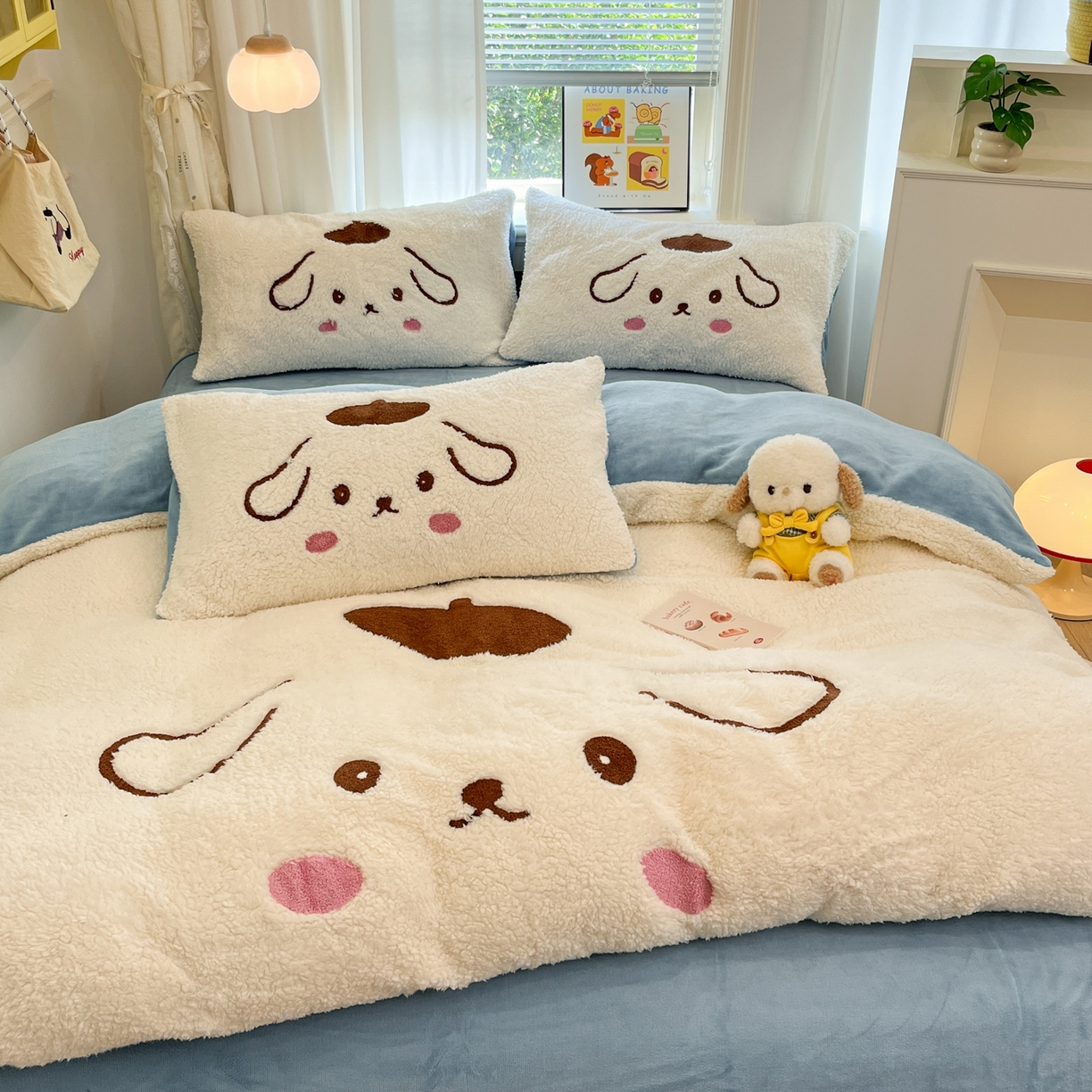 91家纺网 家纺一手货源 找家纺 乐坊 2025新款大阪羊羔绒牛奶绒卡通四件套冬季加厚保暖 晚安狗-白蓝