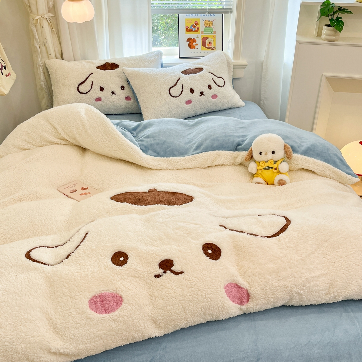 91家纺网 家纺一手货源 找家纺 乐坊 2025新款大阪羊羔绒牛奶绒卡通四件套冬季加厚保暖 晚安狗-白蓝