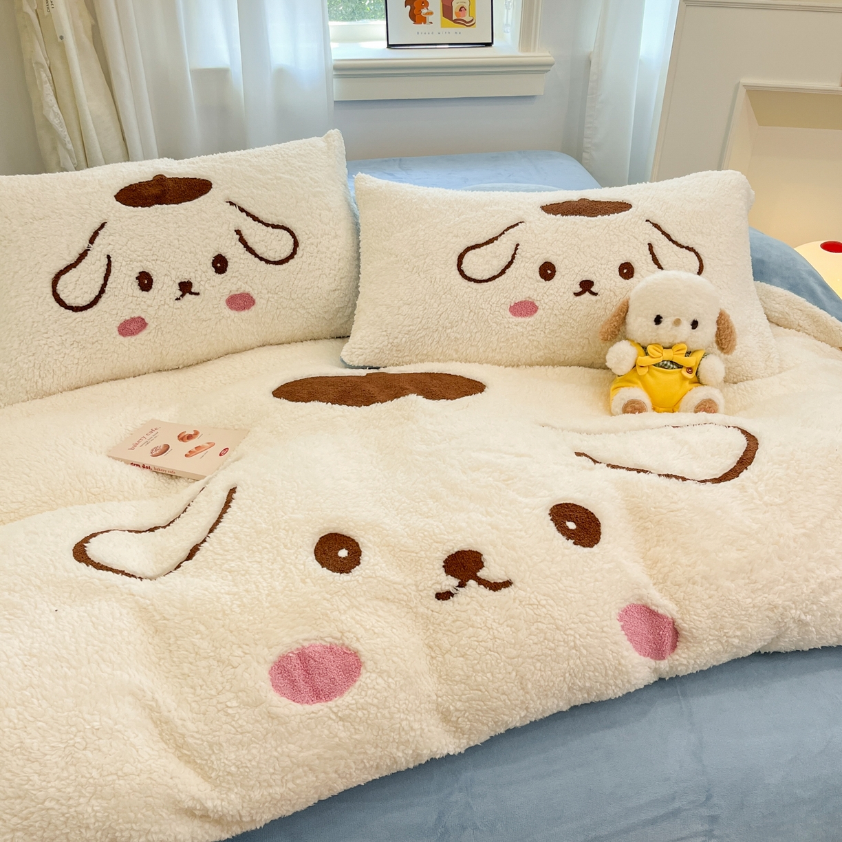 91家纺网 家纺一手货源 找家纺 乐坊 2025新款大阪羊羔绒牛奶绒卡通四件套冬季加厚保暖 晚安狗-白蓝