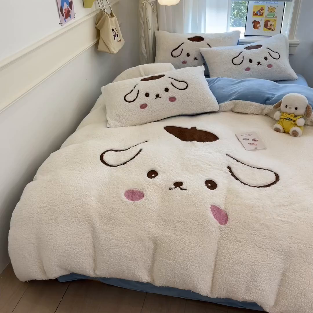 91家纺网 家纺一手货源 找家纺 乐坊 2025新款大阪羊羔绒牛奶绒卡通四件套冬季加厚保暖 晚安狗-白蓝