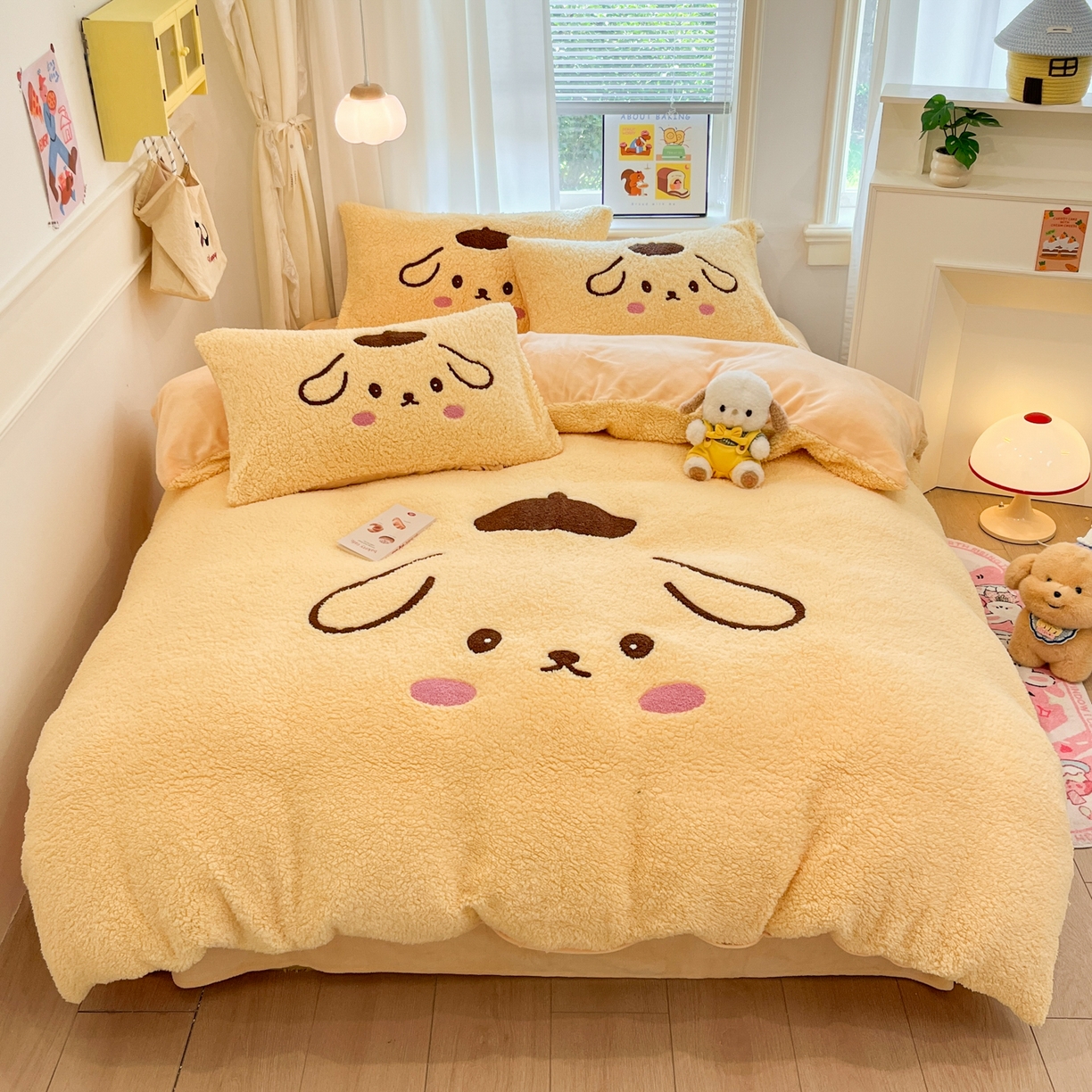 91家纺网 家纺一手货源 找家纺 乐坊 2025新款大阪羊羔绒牛奶绒卡通四件套冬季加厚保暖 晚安狗-黄