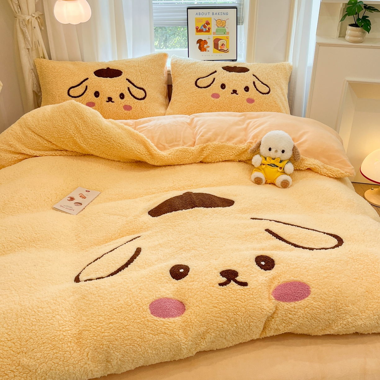 91家纺网 家纺一手货源 找家纺 乐坊 2025新款大阪羊羔绒牛奶绒卡通四件套冬季加厚保暖 晚安狗-黄