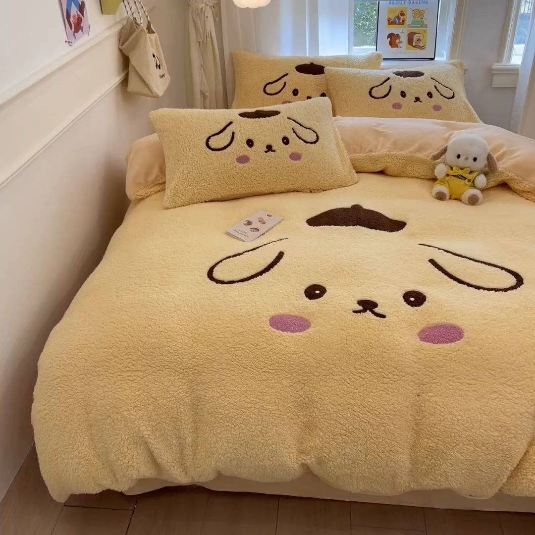 91家纺网 家纺一手货源 找家纺 乐坊 2025新款大阪羊羔绒牛奶绒卡通四件套冬季加厚保暖 晚安狗-黄