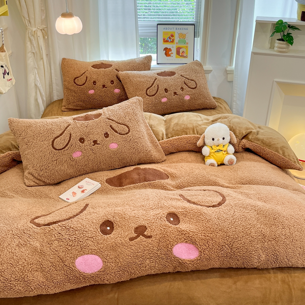 91家纺网 家纺一手货源 找家纺 乐坊 2025新款大阪羊羔绒牛奶绒卡通四件套冬季加厚保暖 晚安狗-咖