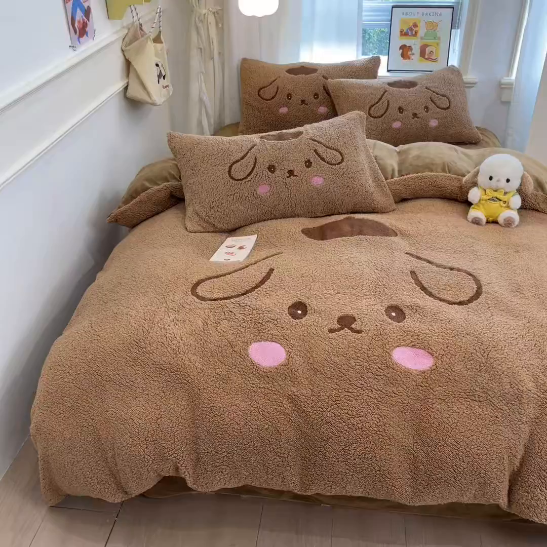 91家纺网 家纺一手货源 找家纺 乐坊 2025新款大阪羊羔绒牛奶绒卡通四件套冬季加厚保暖 晚安狗-咖