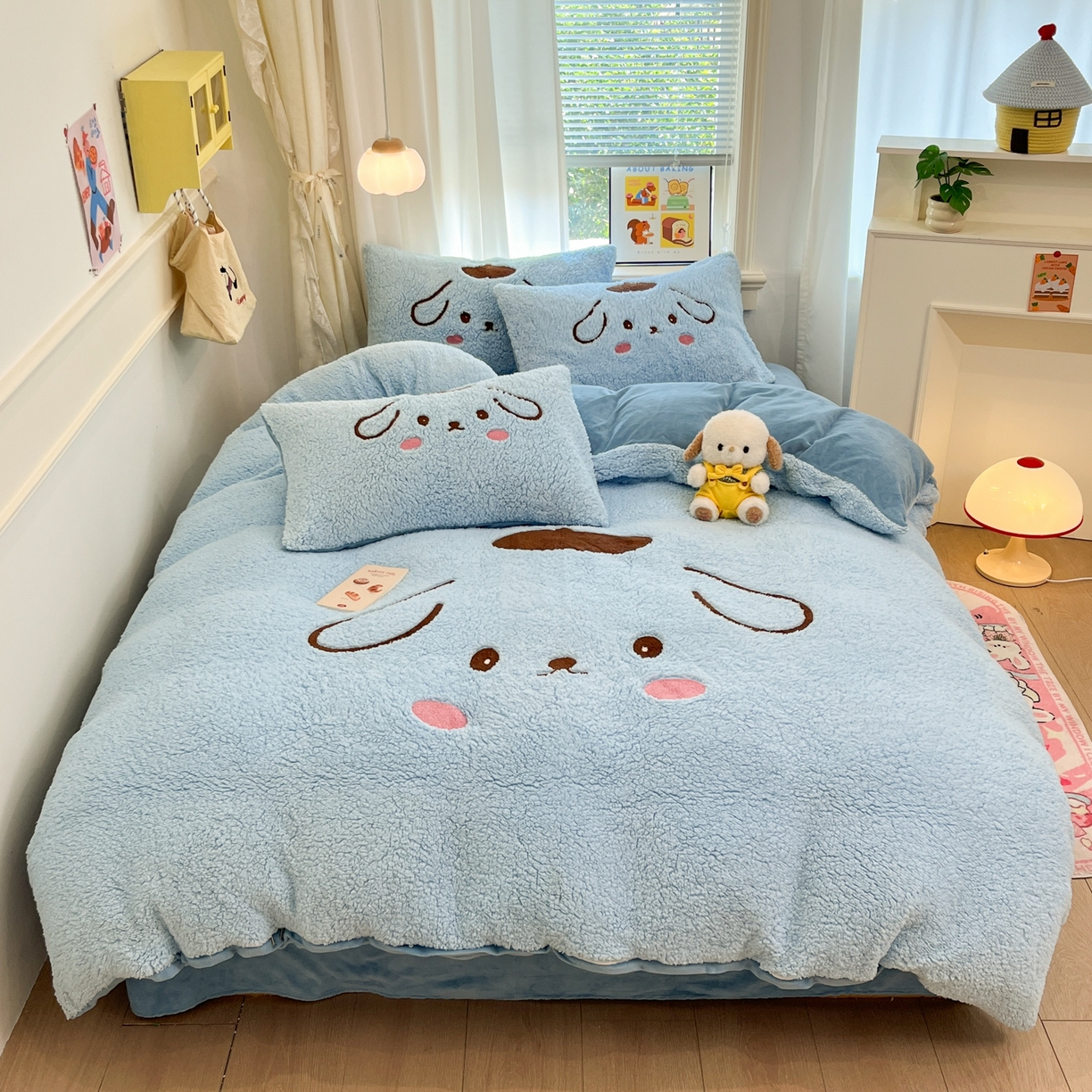 91家纺网 家纺一手货源 找家纺 乐坊 2025新款大阪羊羔绒牛奶绒卡通四件套冬季加厚保暖 晚安狗-蓝