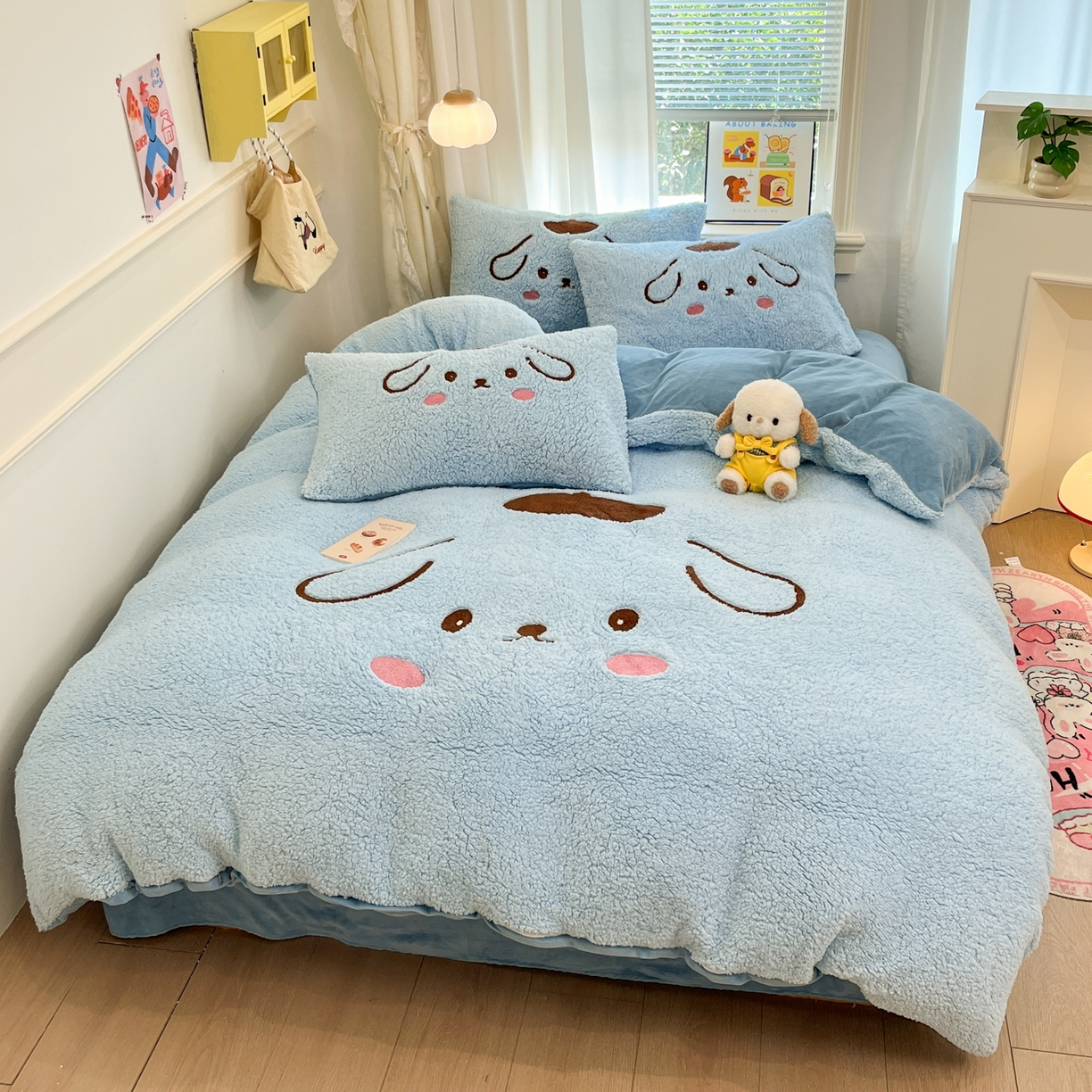 91家纺网 家纺一手货源 找家纺 乐坊 2025新款大阪羊羔绒牛奶绒卡通四件套冬季加厚保暖 晚安狗-蓝