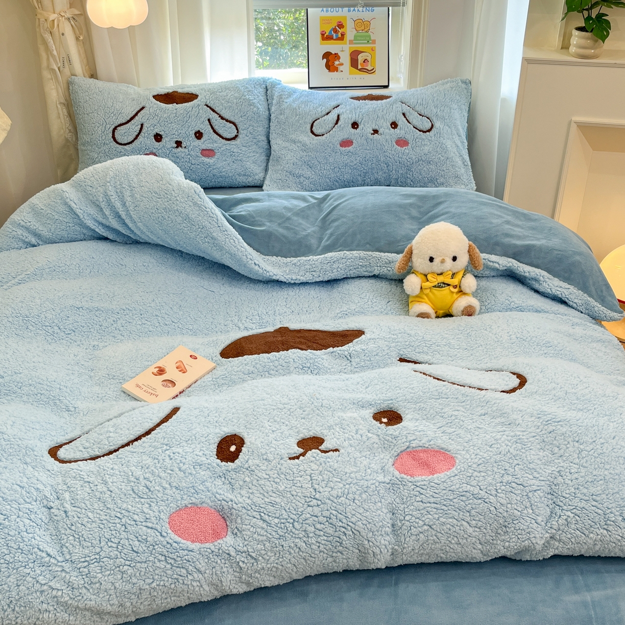 91家纺网 家纺一手货源 找家纺 乐坊 2025新款大阪羊羔绒牛奶绒卡通四件套冬季加厚保暖 晚安狗-蓝