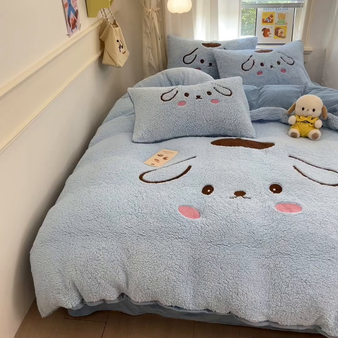 91家纺网 家纺一手货源 找家纺 乐坊 2025新款大阪羊羔绒牛奶绒卡通四件套冬季加厚保暖 晚安狗-蓝