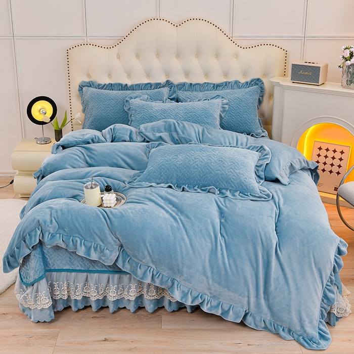 91家纺网 家纺一手货源 找家纺 （总）畅畅家纺 2025新款11斤秋冬加厚纯色韩版牛奶绒夹棉床盖四件套-倾城