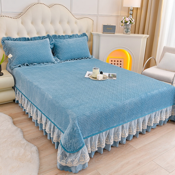 91家纺网 家纺一手货源 找家纺 畅畅家纺 2025新款11斤秋冬加厚纯色韩版牛奶绒夹棉床盖四件套-倾城 倾城-海蓝