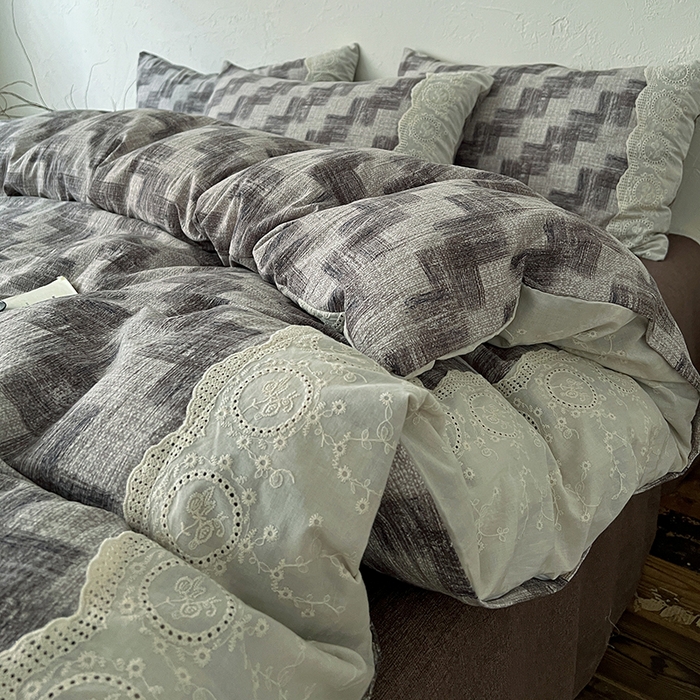 91家纺网 家纺一手货源 找家纺 仟网汇 2025新款亚麻复古花边系列四件套 方格灰