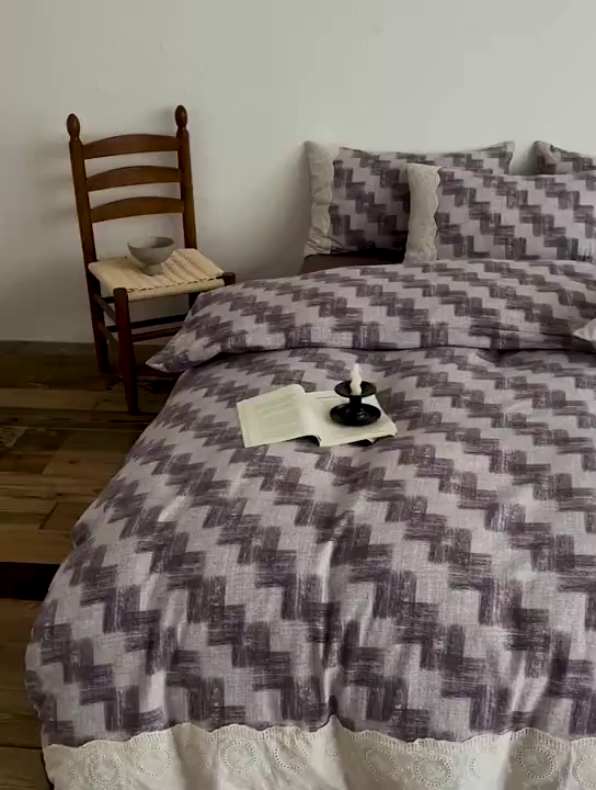 91家纺网 家纺一手货源 找家纺 仟网汇 2025新款亚麻复古花边系列四件套 方格灰