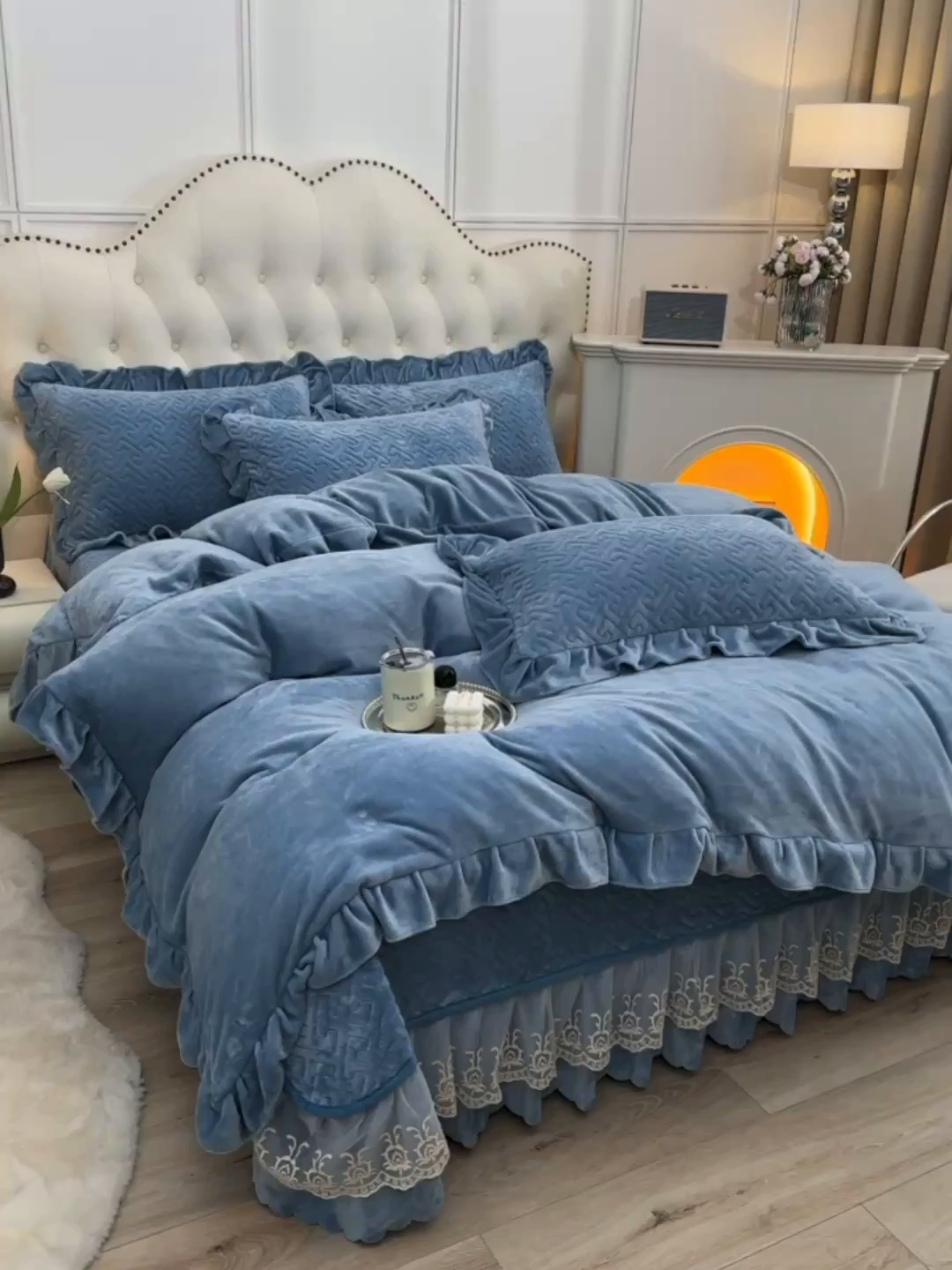 91家纺网 家纺一手货源 找家纺 畅畅家纺 2025新款11斤秋冬加厚纯色韩版牛奶绒夹棉床盖四件套-倾城 倾城-海蓝