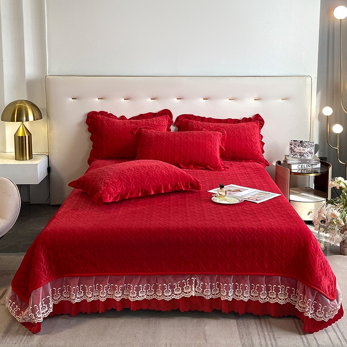 91家纺网 家纺一手货源 找家纺 畅畅家纺 2025新款11斤秋冬加厚纯色韩版牛奶绒夹棉床盖四件套-倾城 倾城-大红