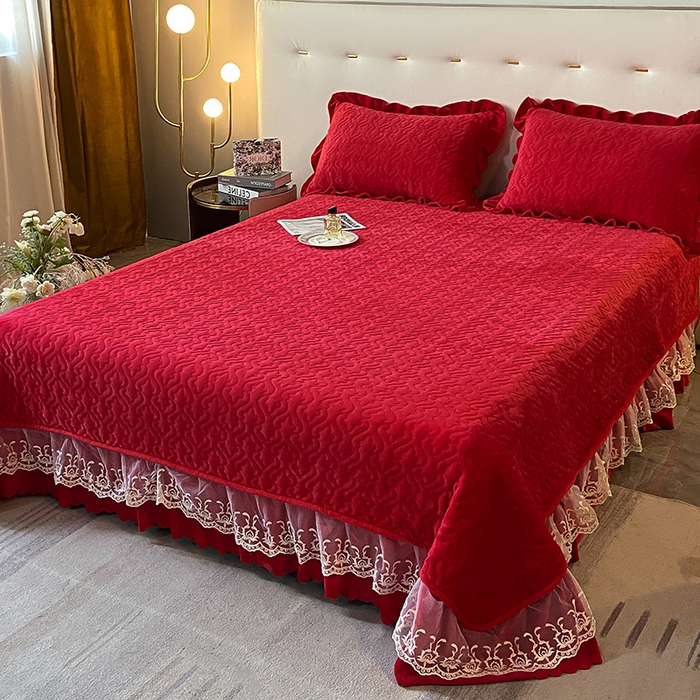 91家纺网 家纺一手货源 找家纺 畅畅家纺 2025新款11斤秋冬加厚纯色韩版牛奶绒夹棉床盖四件套-倾城 倾城-大红