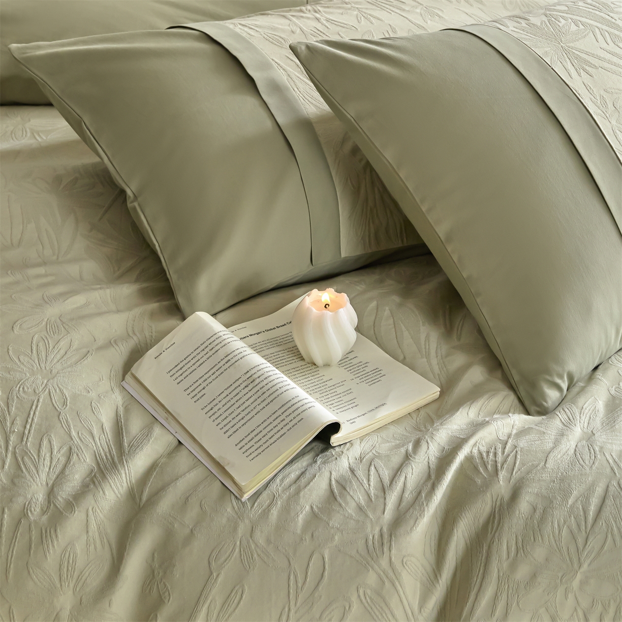 91家纺网 家纺一手货源 找家纺 蓝米卡夫 2025秋冬-A类全棉亮面提花50S*50S双股磨毛拼接款（礼盒包装）提供买家秀 秘境-奶绿