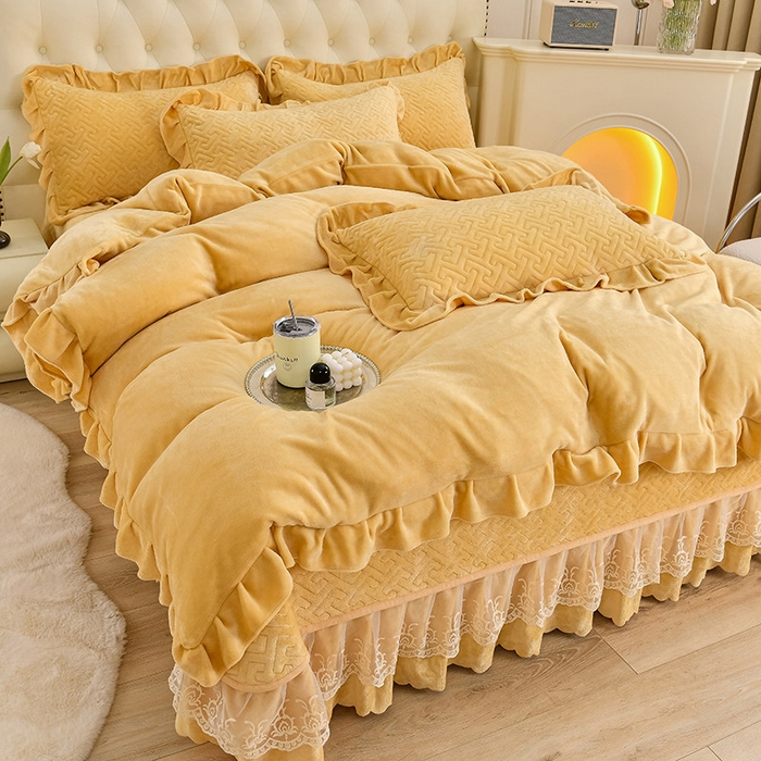 91家纺网 家纺一手货源 找家纺 畅畅家纺 2025新款11斤秋冬加厚纯色韩版牛奶绒夹棉床盖四件套-倾城 倾城-黄