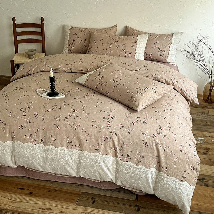 91家纺网 家纺一手货源 找家纺 仟网汇 2025新款亚麻复古花边系列四件套 花言