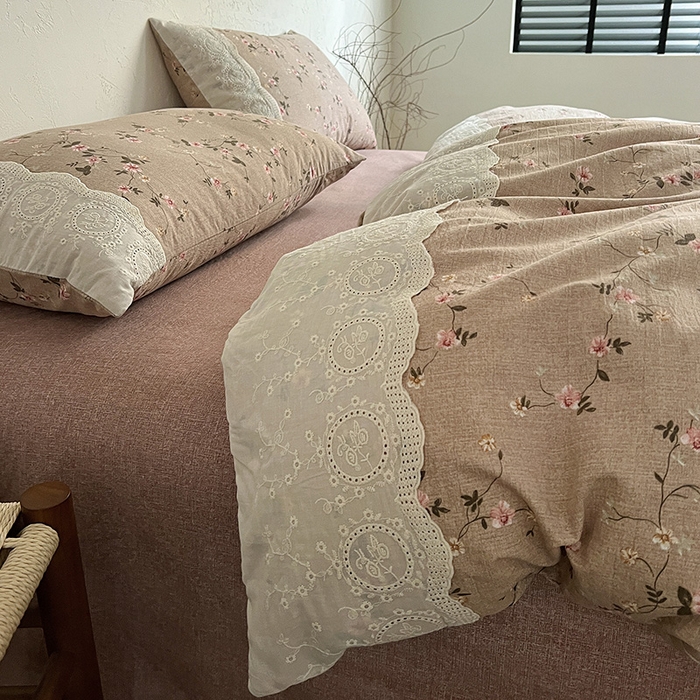 91家纺网 家纺一手货源 找家纺 仟网汇 2025新款亚麻复古花边系列四件套 花言