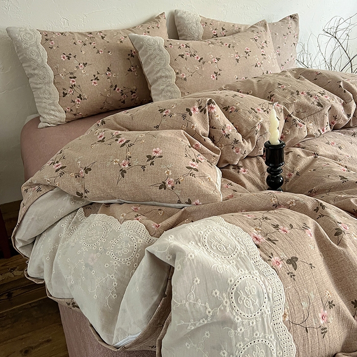 91家纺网 家纺一手货源 找家纺 仟网汇 2025新款亚麻复古花边系列四件套 花言