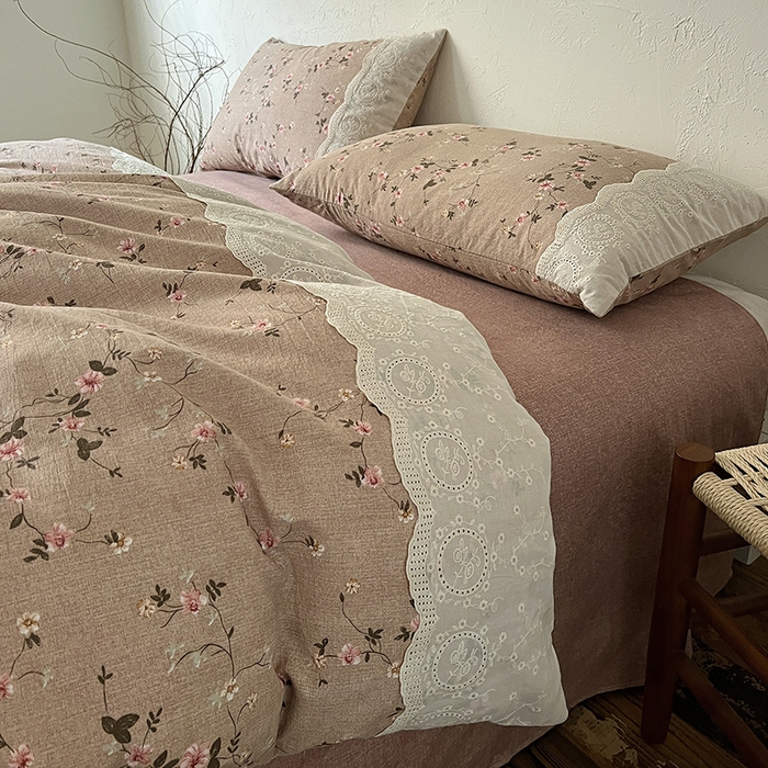 91家纺网 家纺一手货源 找家纺 仟网汇 2025新款亚麻复古花边系列四件套 花言