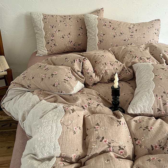 91家纺网 家纺一手货源 找家纺 仟网汇 2025新款亚麻复古花边系列四件套 花言