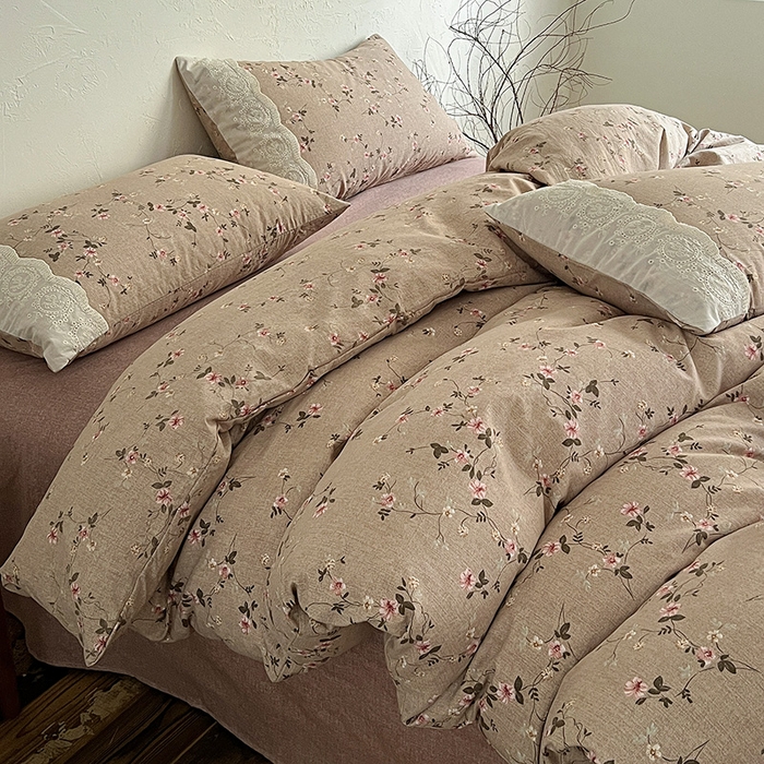 91家纺网 家纺一手货源 找家纺 仟网汇 2025新款亚麻复古花边系列四件套 花言