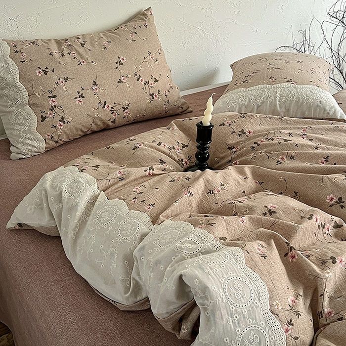 91家纺网 家纺一手货源 找家纺 仟网汇 2025新款亚麻复古花边系列四件套 花言