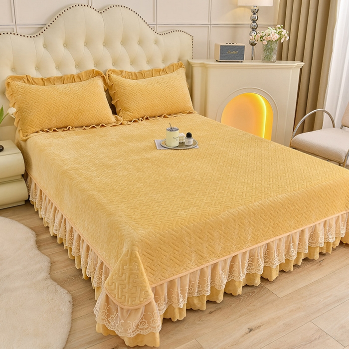 91家纺网 家纺一手货源 找家纺 畅畅家纺 2025新款11斤秋冬加厚纯色韩版牛奶绒夹棉床盖四件套-倾城 倾城-黄